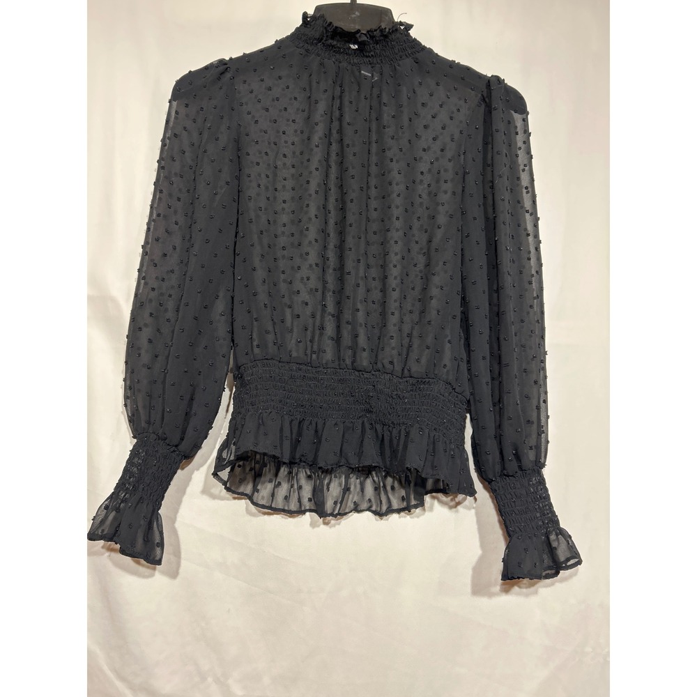 June & Hudson Black Swiss Dot M Smocked Waist Mock Neck & Wrist Ruffle Blouse